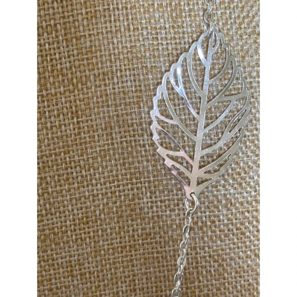Silver Tone Filigree Leaf Long Chain Layering Necklace Layering